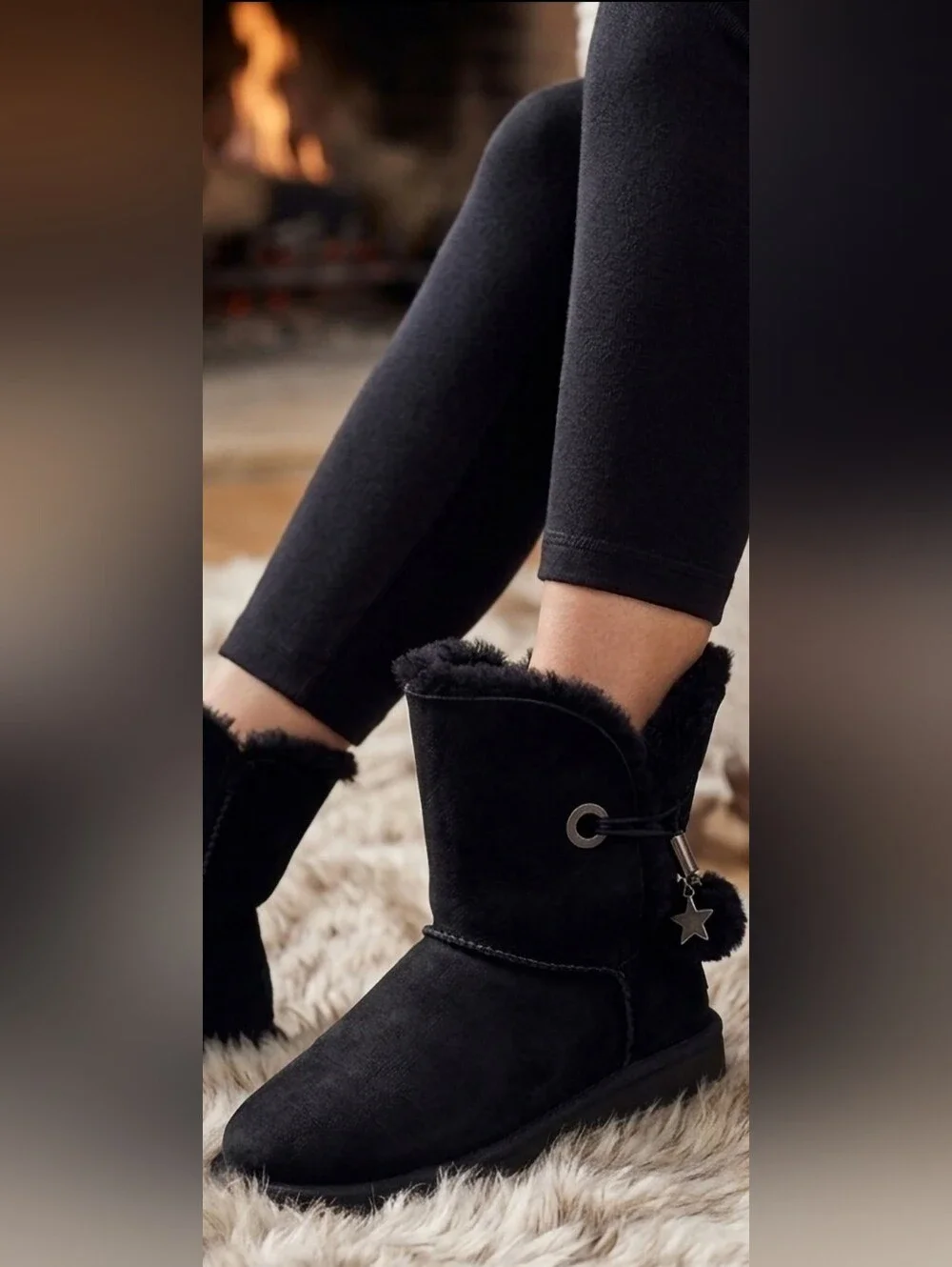 UGG Irina Star Charm Suede Shearling Ankle Boots - Pom Pom Black US 4